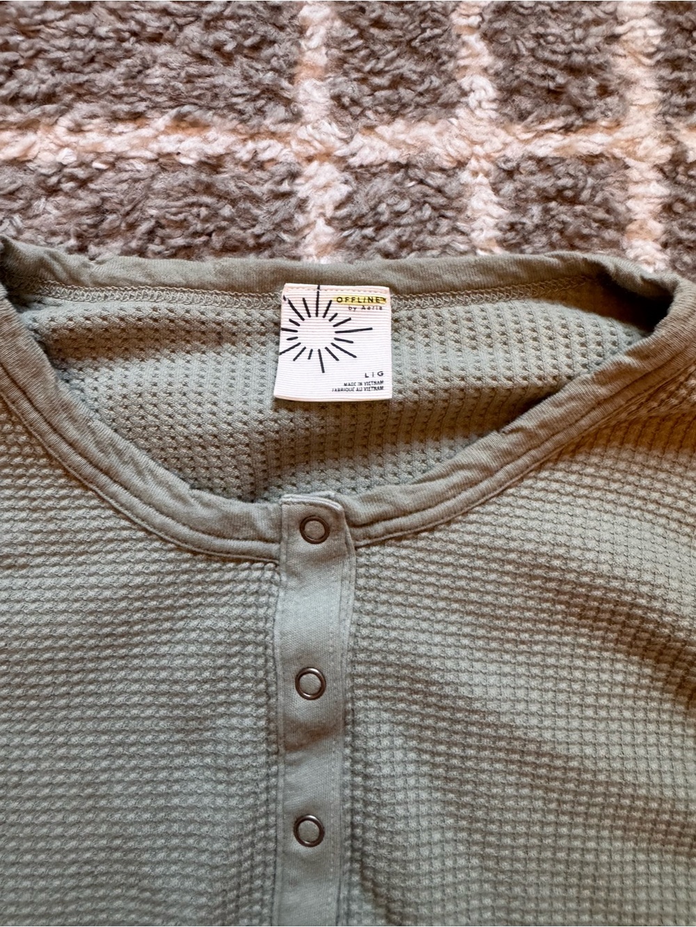 Offline by Aerie Olive Green Waffle Henley Long Sleeve Top - Picture 1 of 3